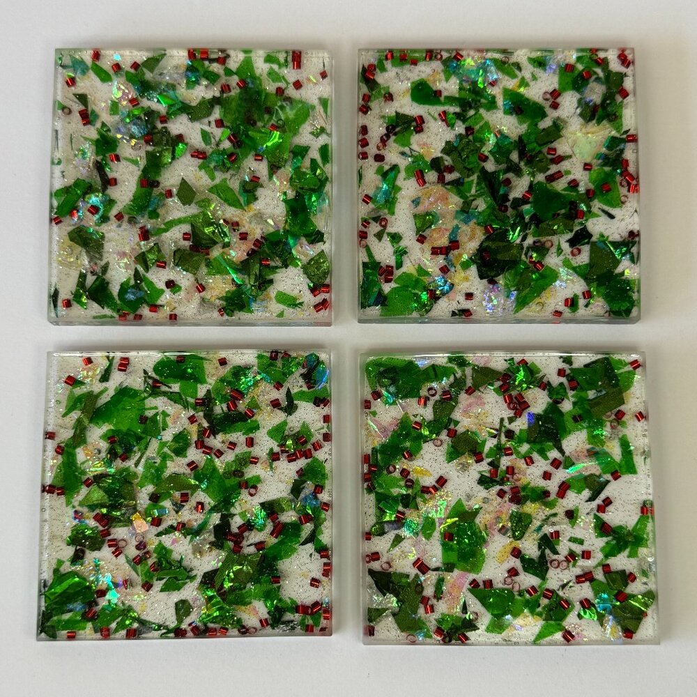 Christmas Holly Gold Glitter Resin Drink Coasters Set of 4 House Housewarming